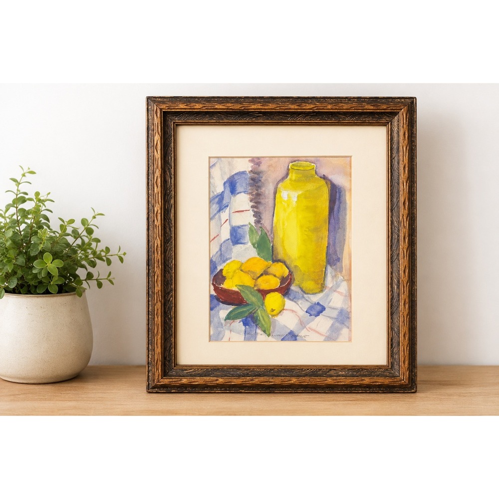 Original Signed Watercolor Still Life Lemons Yellow Vase Decorative Wood Frame